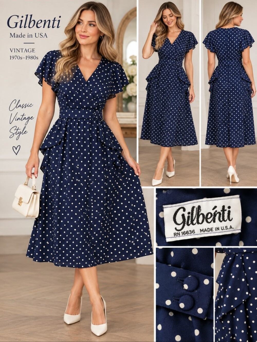 Vintage Gilbenti Navy Polka Dot Dress – Made in USA Medium 1970s 1980s